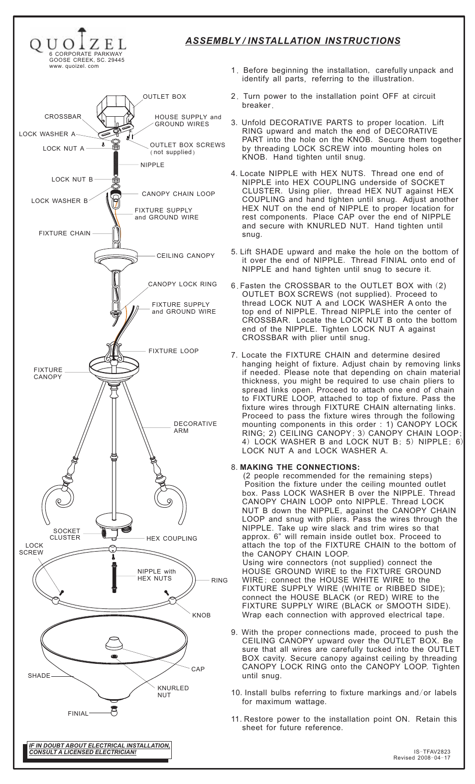 Quoizel TFAV2823VB Ava User Manual | 1 page