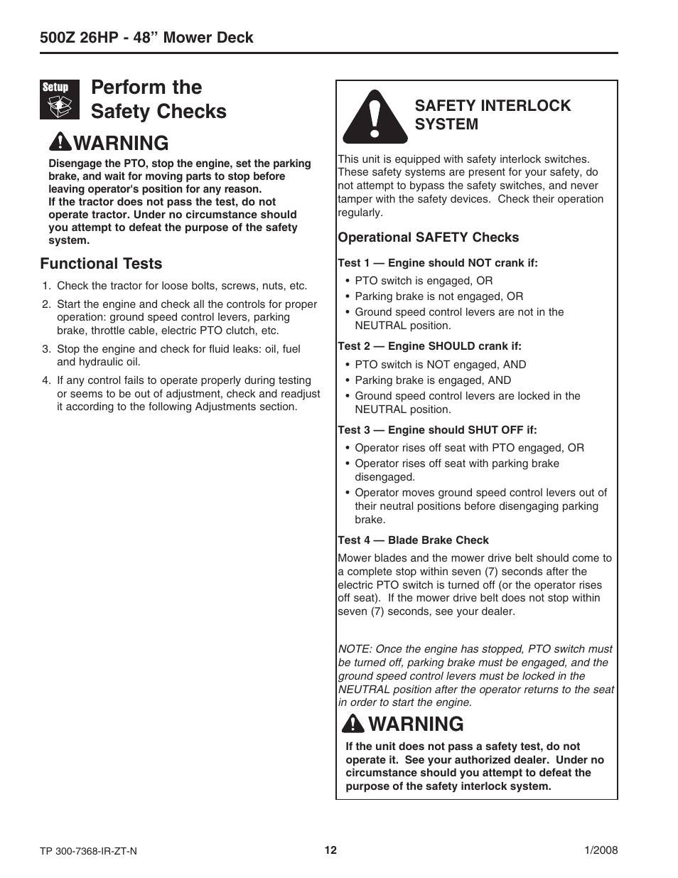 Perform the safety checks, Warning, Functional tests | Safety interlock system | Briggs & Stratton 500Z - 26 User Manual | Page 12 / 16