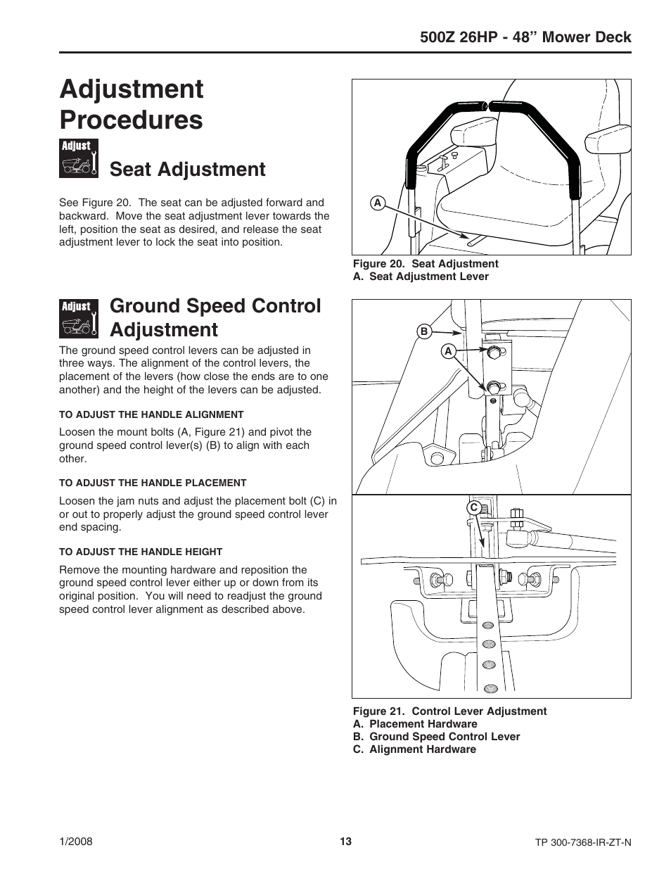 Adjustment procedures, Seat adjustment, Ground speed control adjustment | Briggs & Stratton 500Z - 26 User Manual | Page 13 / 16