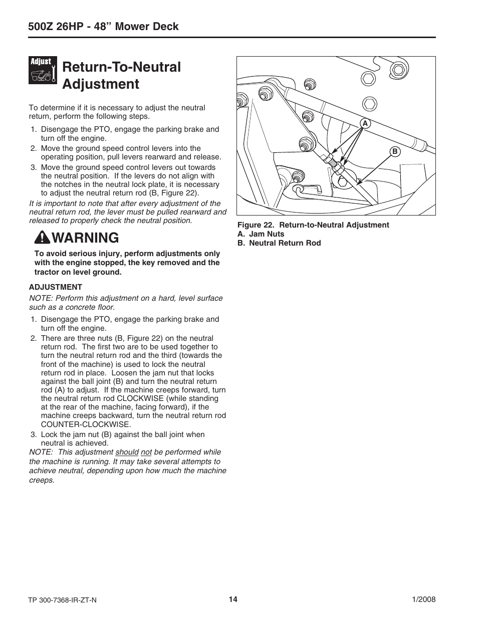 Return-to-neutral adjustment, Warning | Briggs & Stratton 500Z - 26 User Manual | Page 14 / 16