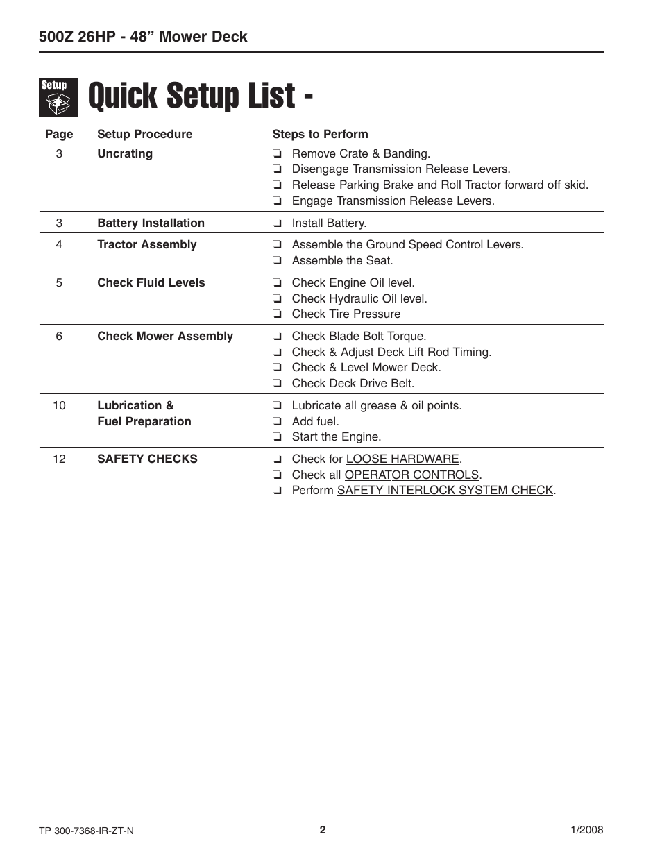 Quick setup list | Briggs & Stratton 500Z - 26 User Manual | Page 2 / 16