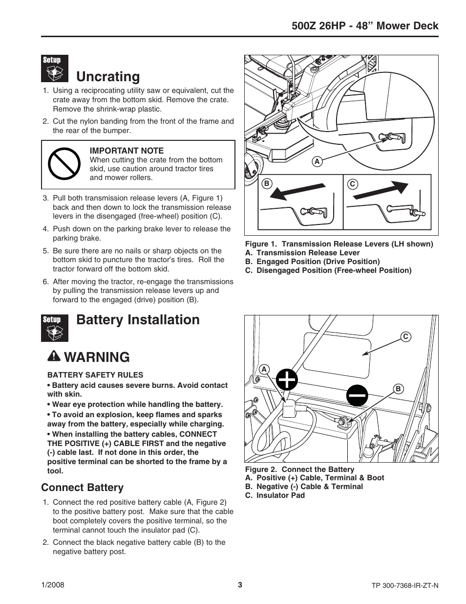Uncrating, Battery installation, Warning | Connect battery | Briggs & Stratton 500Z - 26 User Manual | Page 3 / 16