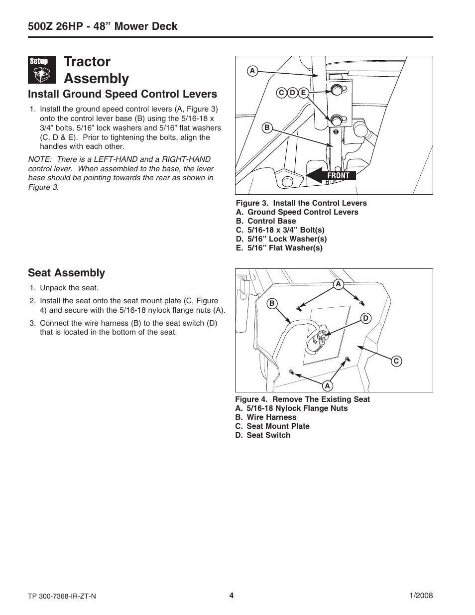 Tractor assembly, Install ground speed control levers, Seat assembly | Briggs & Stratton 500Z - 26 User Manual | Page 4 / 16