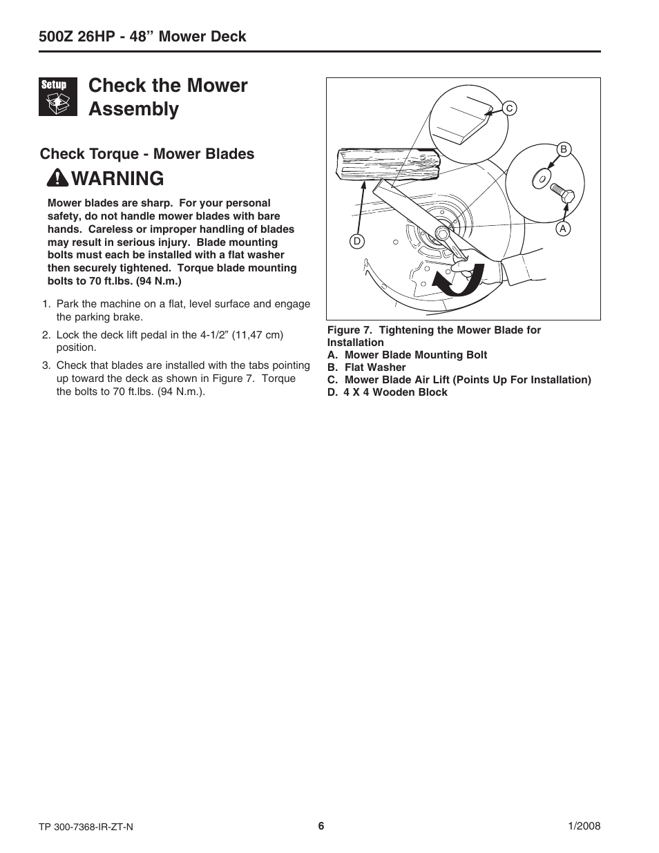Check the mower assembly, Warning, Check torque - mower blades | Briggs & Stratton 500Z - 26 User Manual | Page 6 / 16