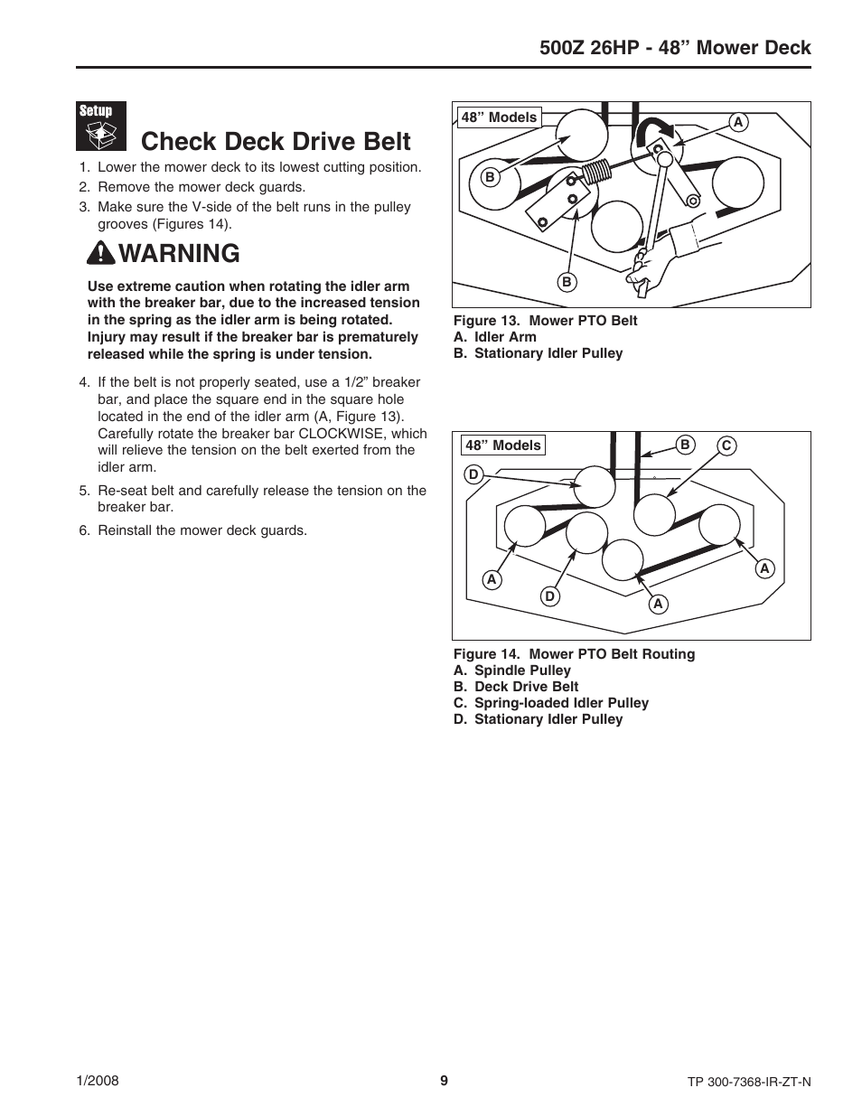 Check deck drive belt, Warning | Briggs & Stratton 500Z - 26 User Manual | Page 9 / 16