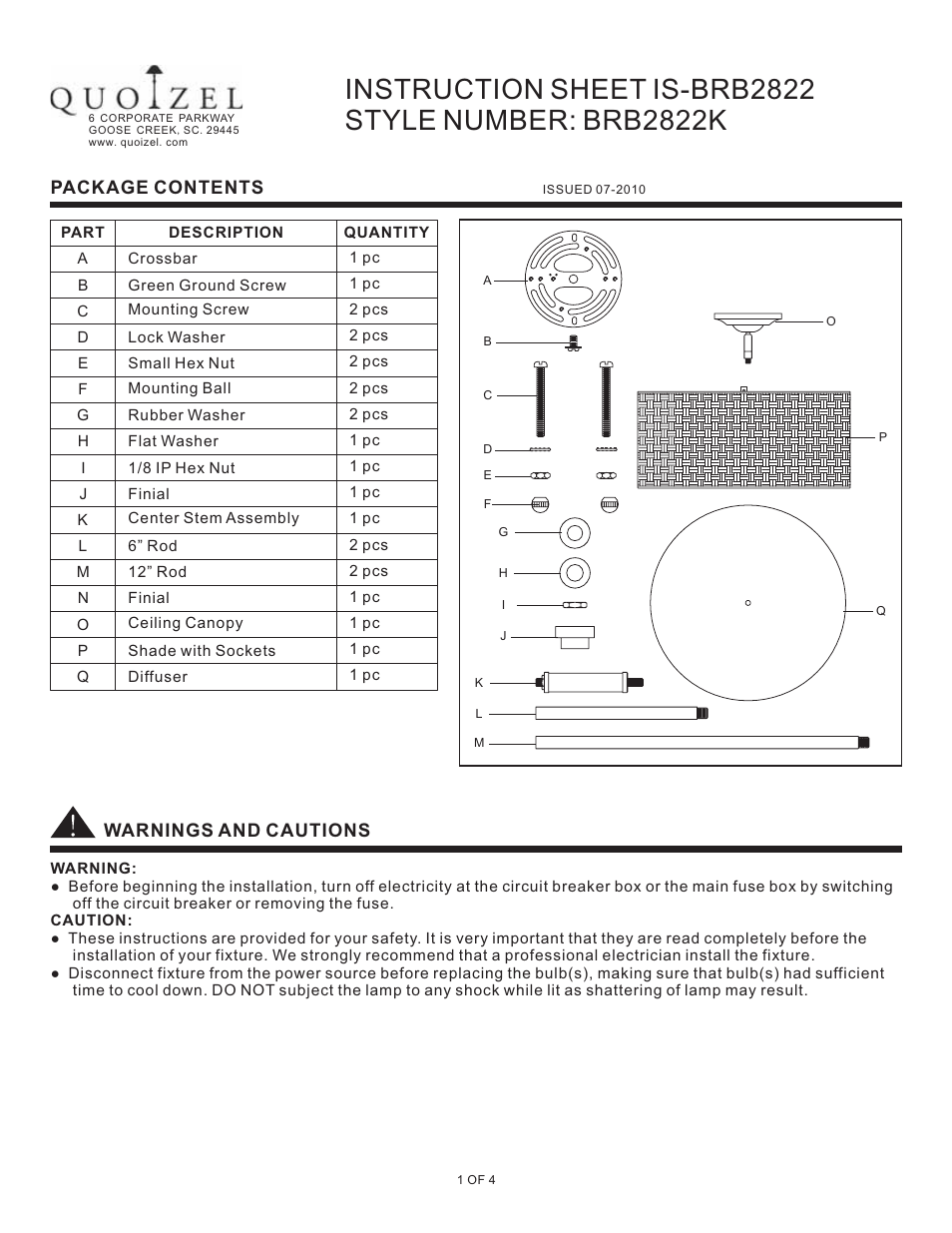 Quoizel BRB2822K Bradbury User Manual | 4 pages