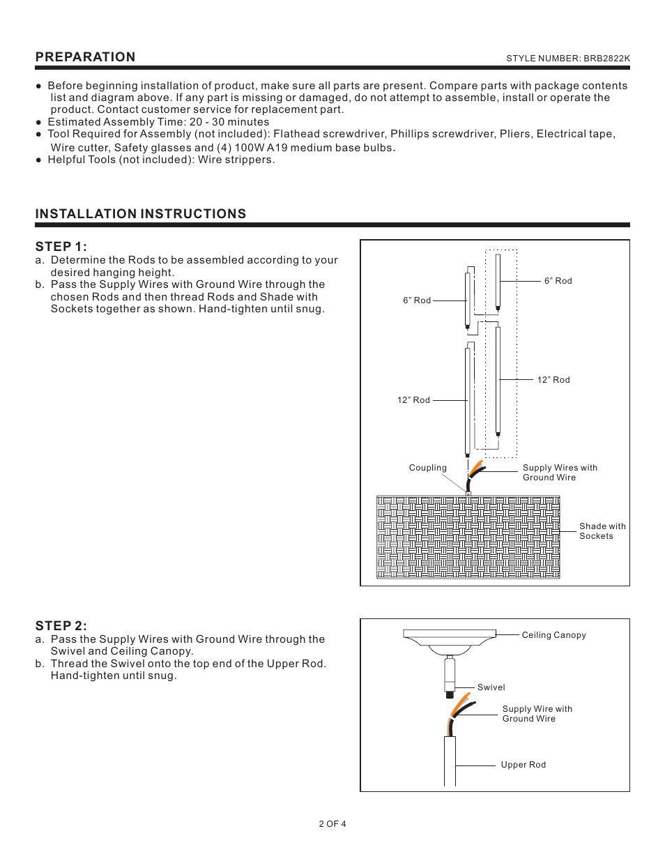 Preparation, Installation instructions, Step 1 | Step 2 | Quoizel BRB2822K Bradbury User Manual | Page 2 / 4