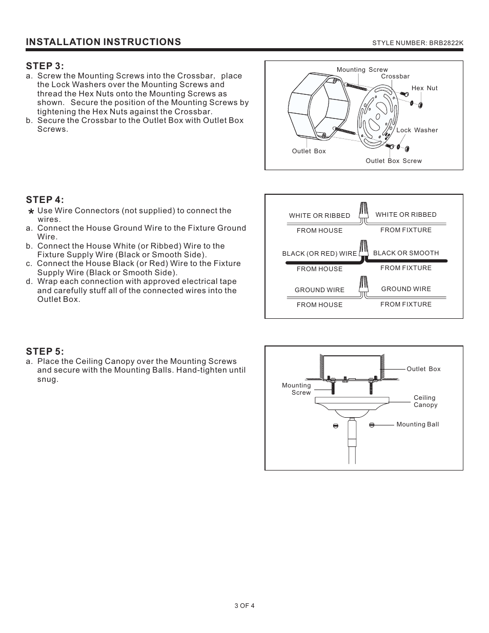 Installation instructions step 3, Step 4, Step 5 | Quoizel BRB2822K Bradbury User Manual | Page 3 / 4