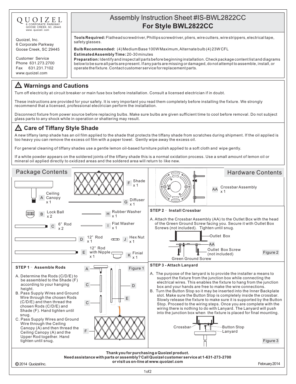 Quoizel BWL2822CC Brown Lattice User Manual | 2 pages