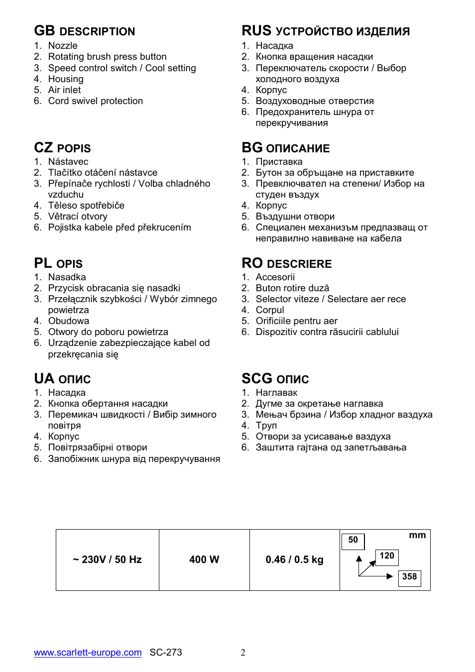 Ua scg | Scarlett SC-273 User Manual | Page 2 / 21