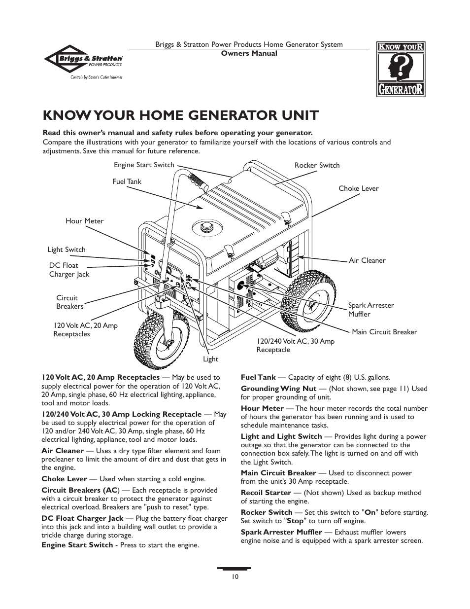 Know your home generator unit | Briggs & Stratton Home Generator System User Manual | Page 10 / 68