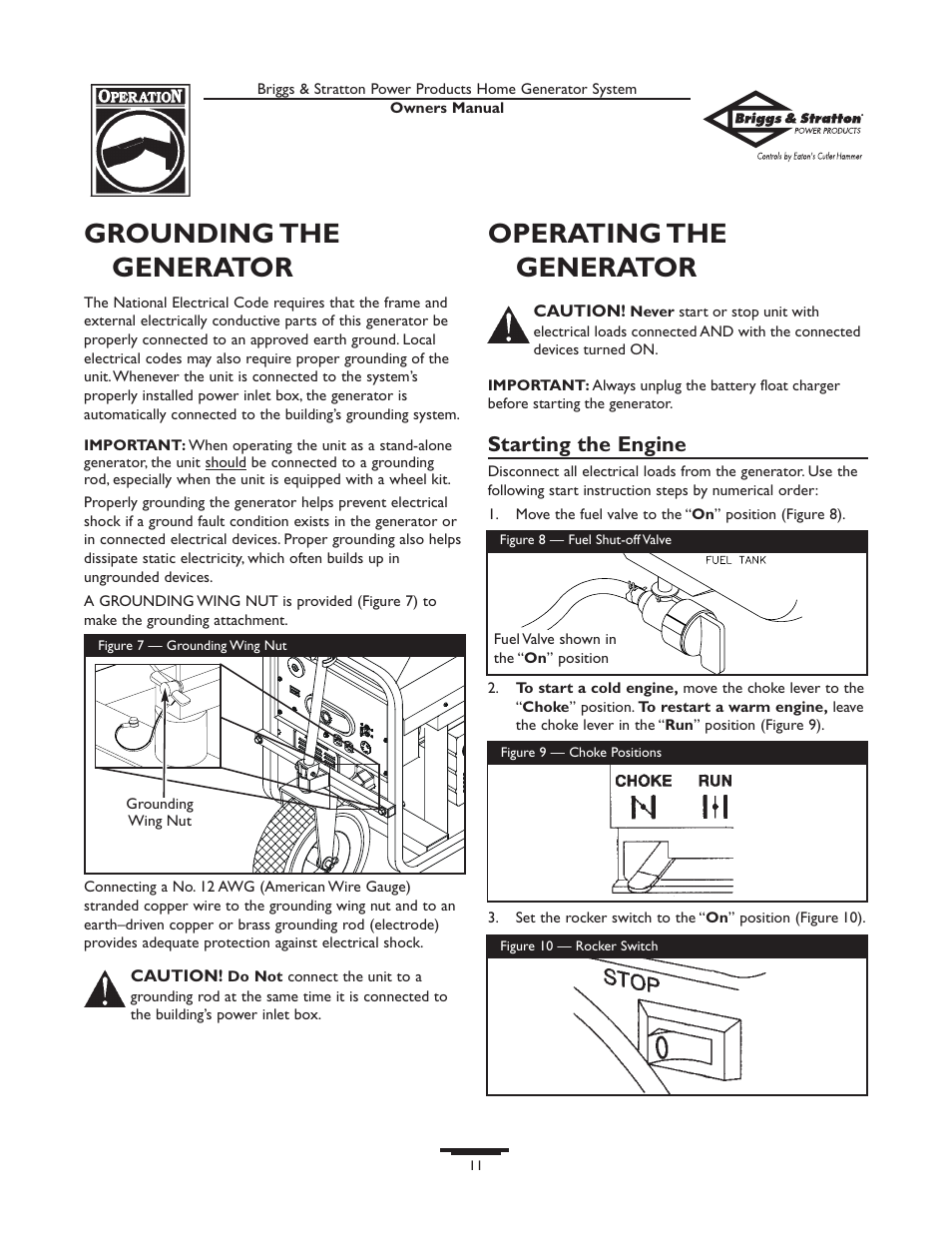 Grounding the generator, Operating the generator, Starting the engine | Briggs & Stratton Home Generator System User Manual | Page 11 / 68