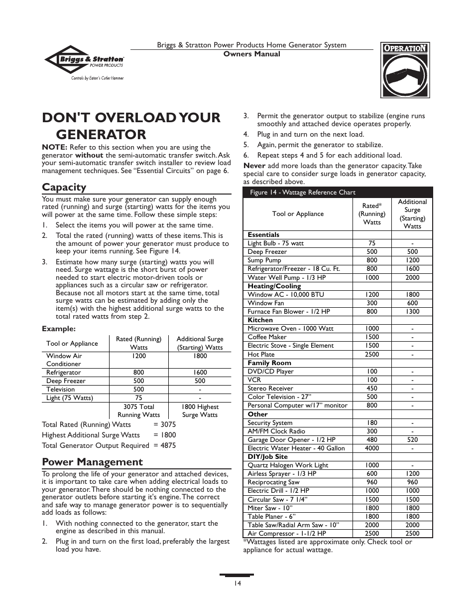 Don't overload your generator, Capacity, Power management | Briggs & Stratton Home Generator System User Manual | Page 14 / 68
