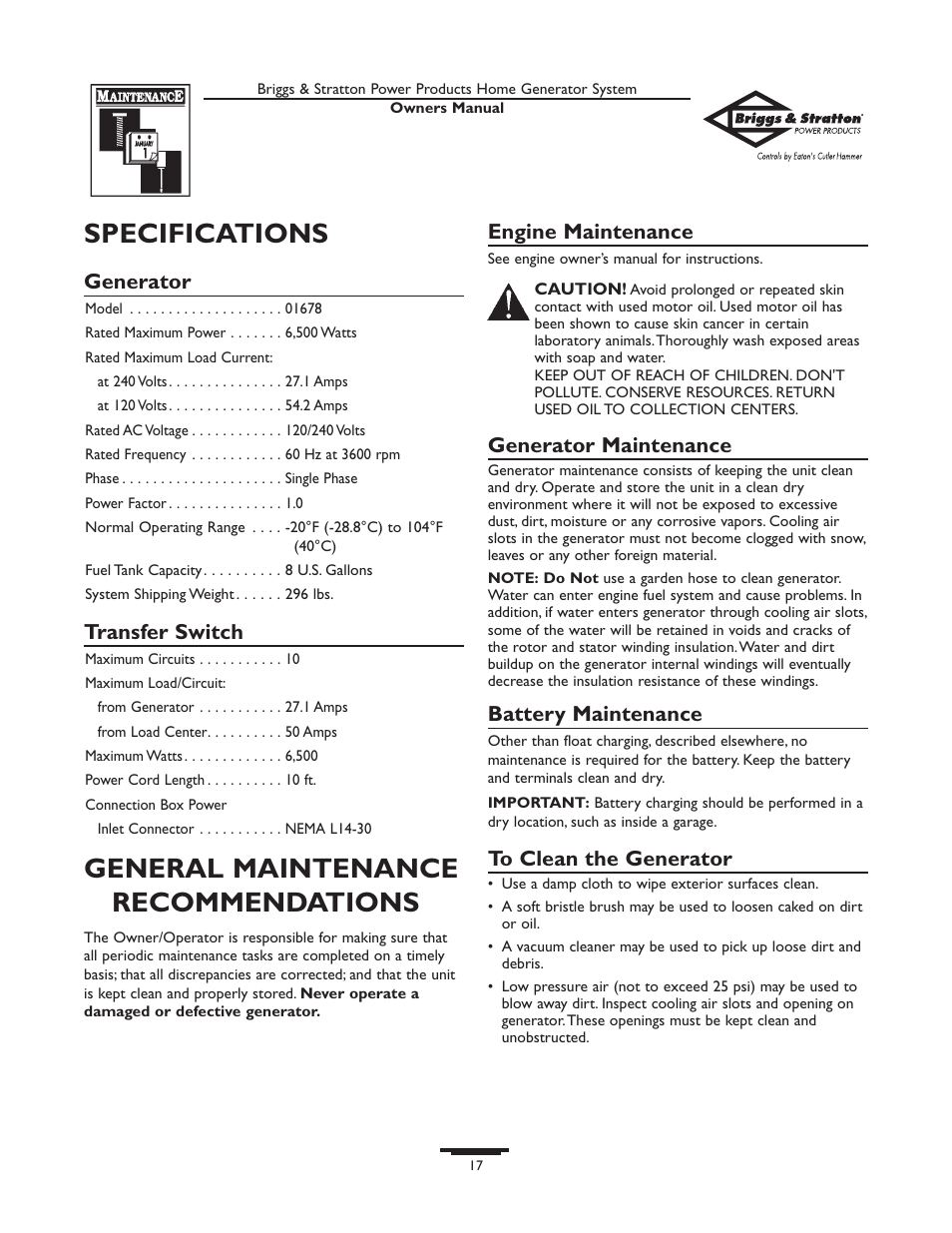 Specifications, General maintenance recommendations, Generator | Transfer switch, Engine maintenance, Generator maintenance, Battery maintenance | Briggs & Stratton Home Generator System User Manual | Page 17 / 68