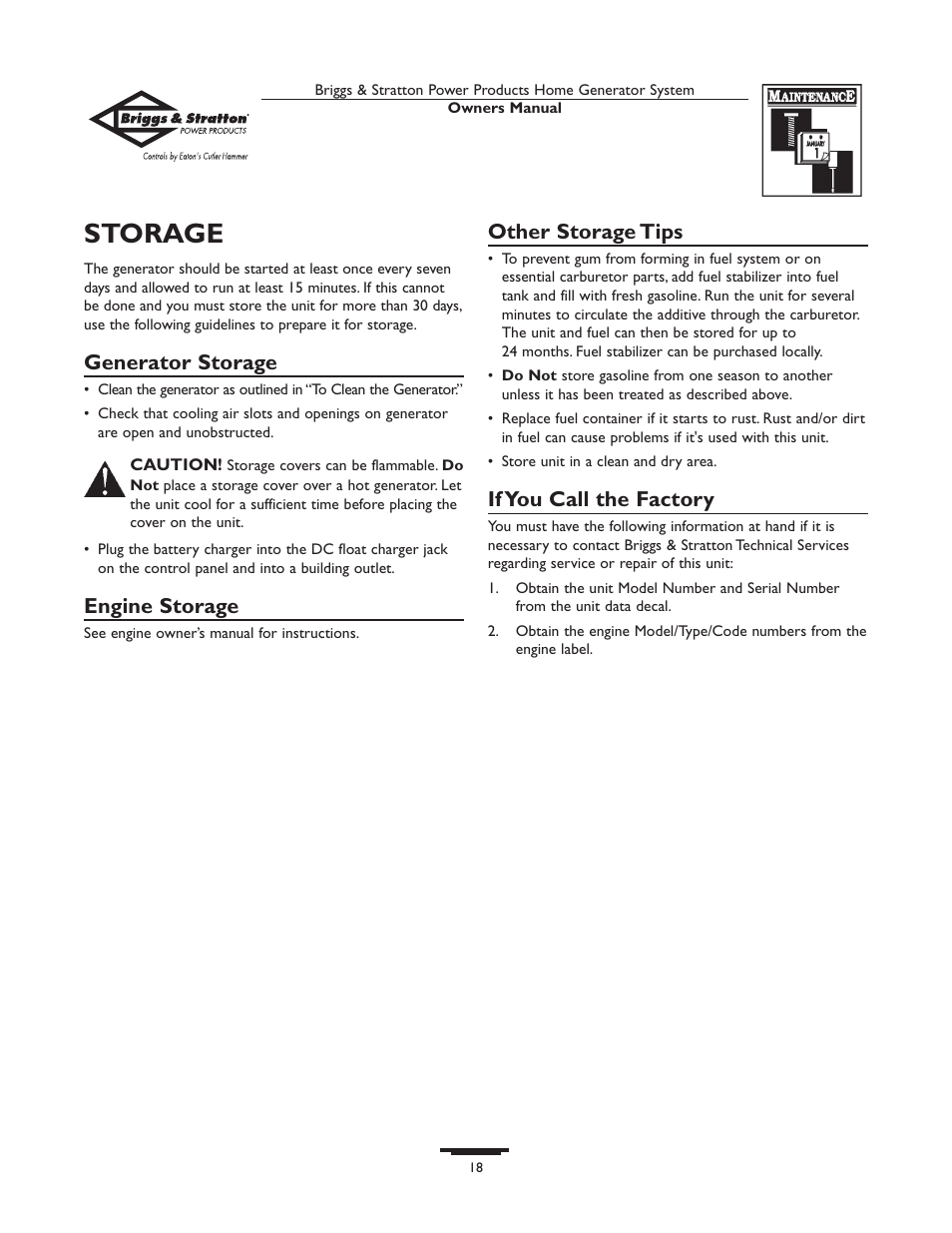 Storage, Generator storage, Engine storage | Other storage tips, If you call the factory | Briggs & Stratton Home Generator System User Manual | Page 18 / 68