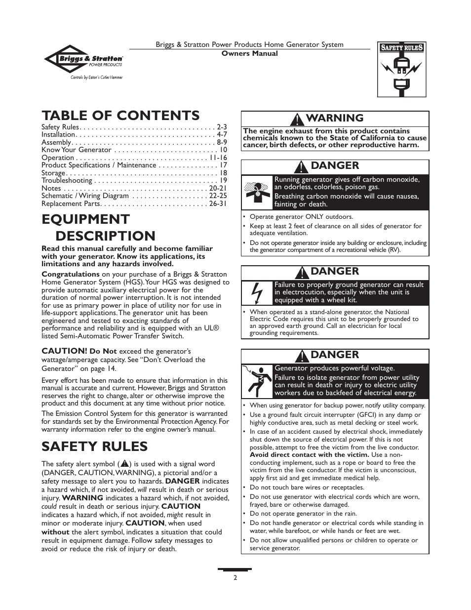 Briggs & Stratton Home Generator System User Manual | Page 2 / 68