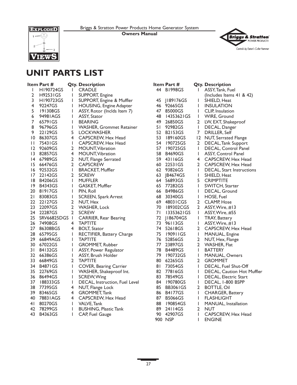 Unit parts list | Briggs & Stratton Home Generator System User Manual | Page 27 / 68
