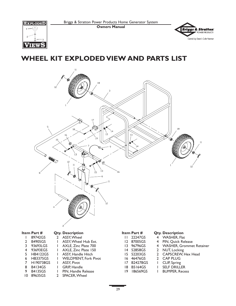 Wheel kit exploded view and parts list | Briggs & Stratton Home Generator System User Manual | Page 29 / 68