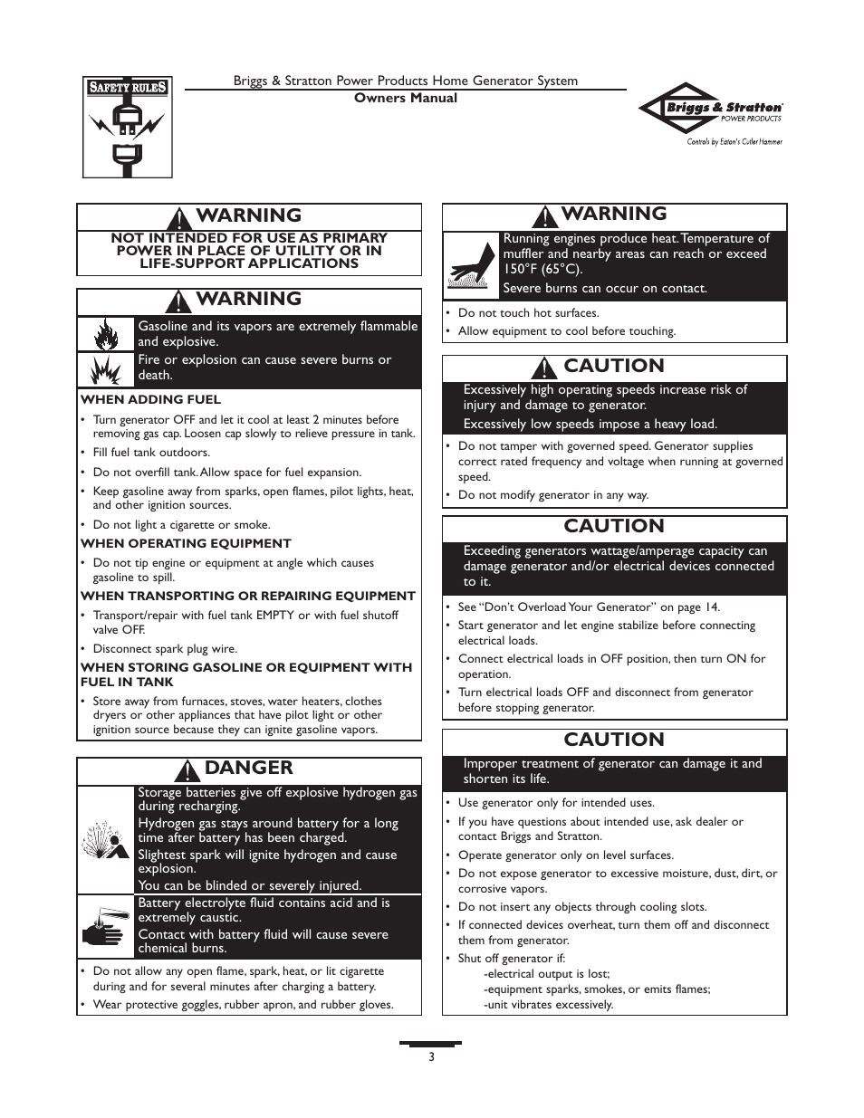 Warning, Danger, Caution | Briggs & Stratton Home Generator System User Manual | Page 3 / 68