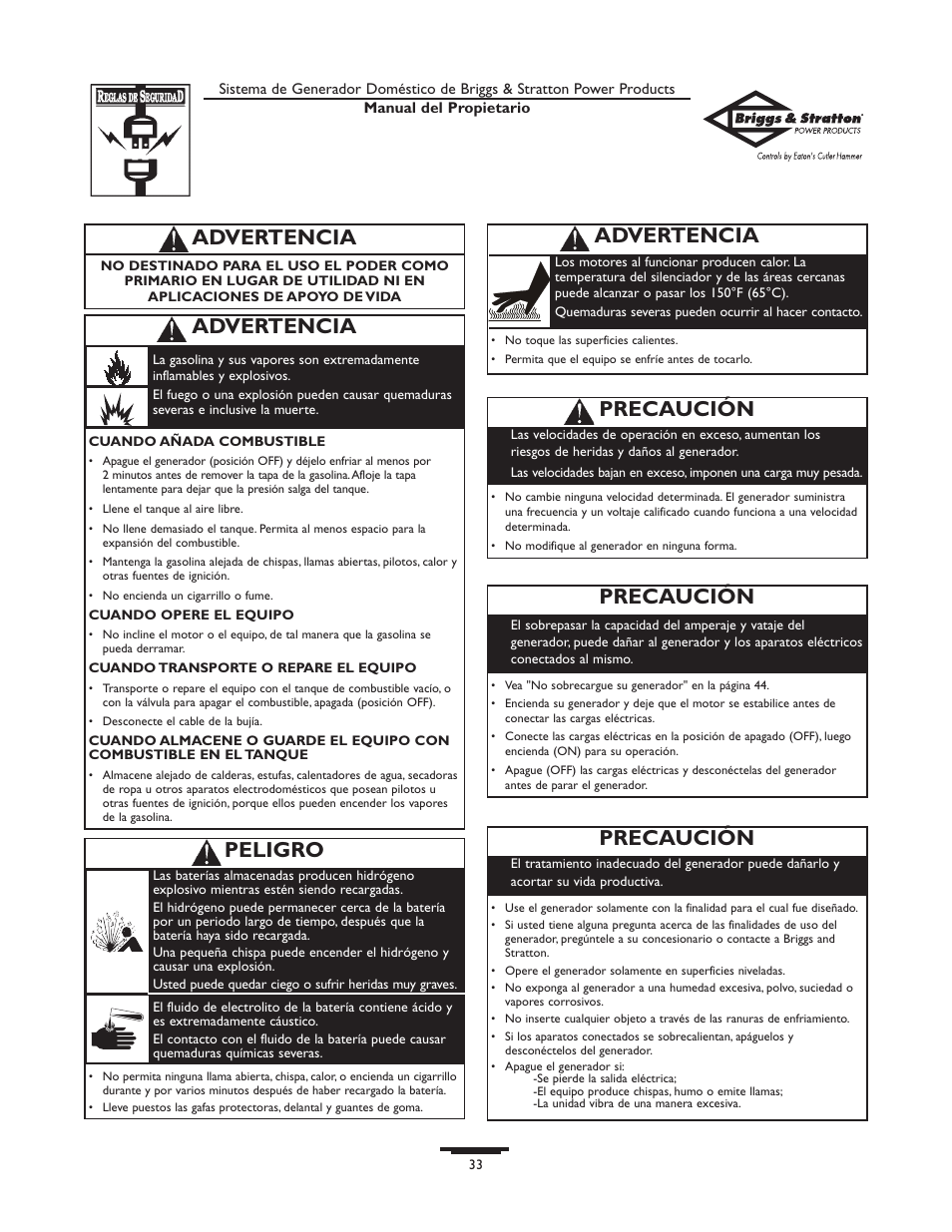 Advertencia, Peligro, Precaución | Briggs & Stratton Home Generator System User Manual | Page 33 / 68