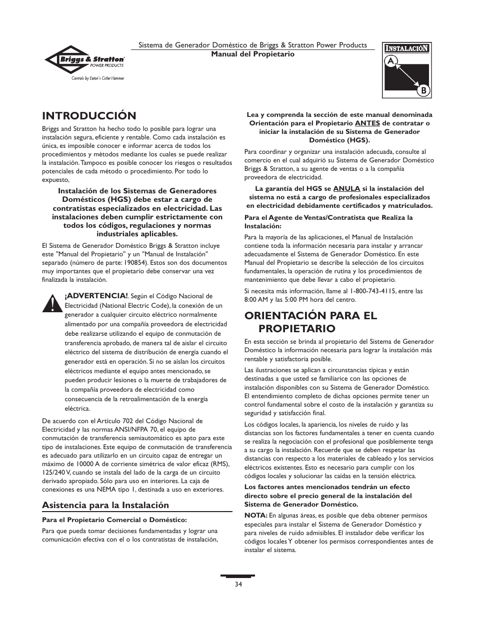 Introducción, Orientación para el propietario | Briggs & Stratton Home Generator System User Manual | Page 34 / 68