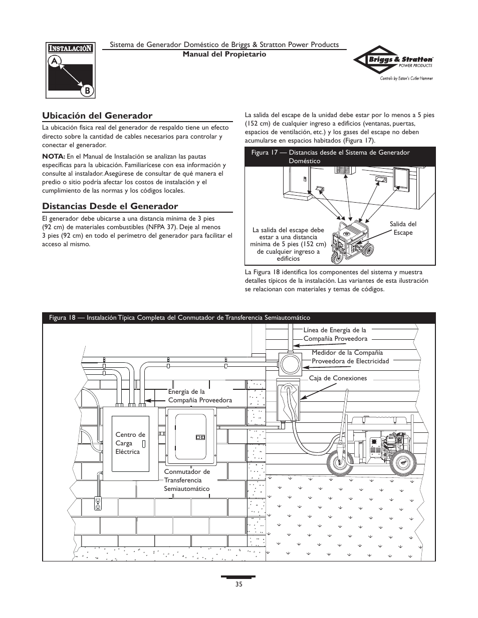 Ubicación del generador, Distancias desde el generador | Briggs & Stratton Home Generator System User Manual | Page 35 / 68