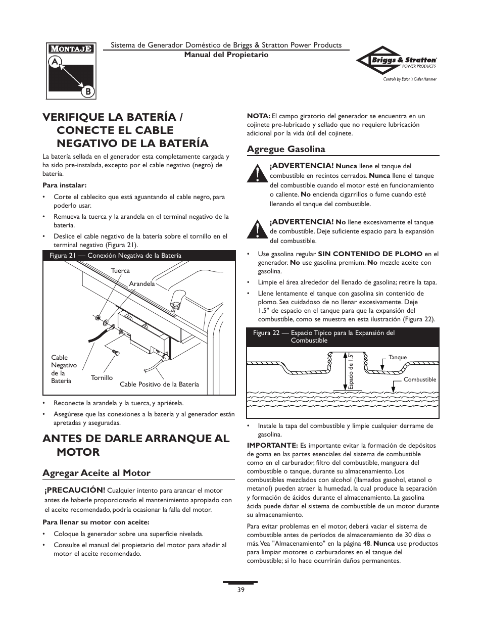 Antes de darle arranque al motor | Briggs & Stratton Home Generator System User Manual | Page 39 / 68