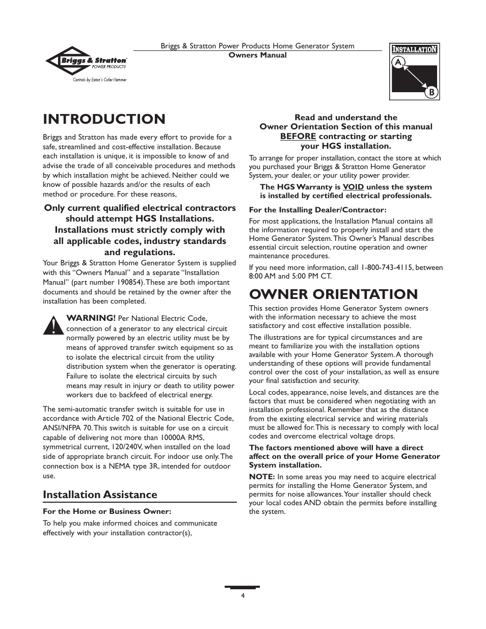 Introduction, Owner orientation, Installation assistance | Briggs & Stratton Home Generator System User Manual | Page 4 / 68