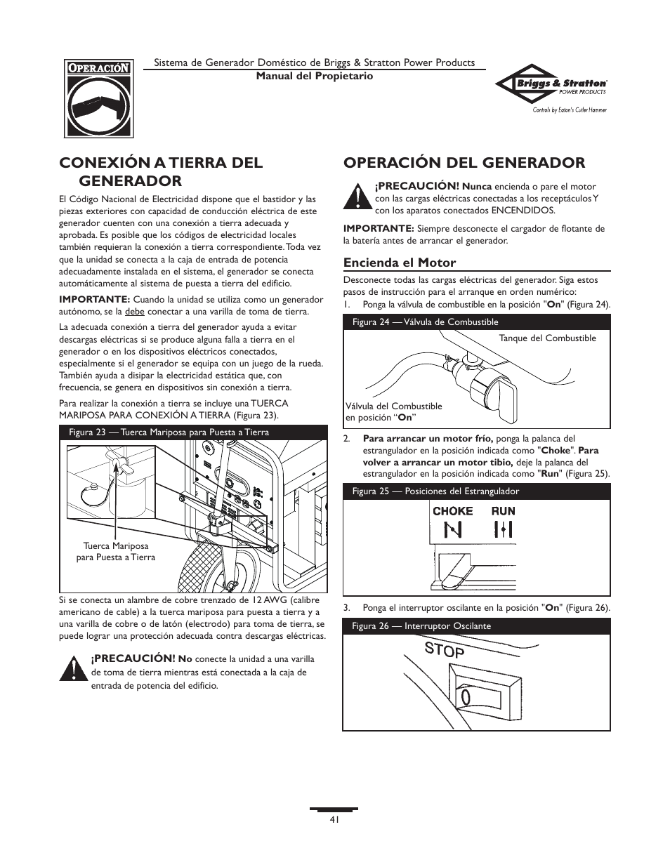 Conexión a tierra del generador, Operación del generador | Briggs & Stratton Home Generator System User Manual | Page 41 / 68