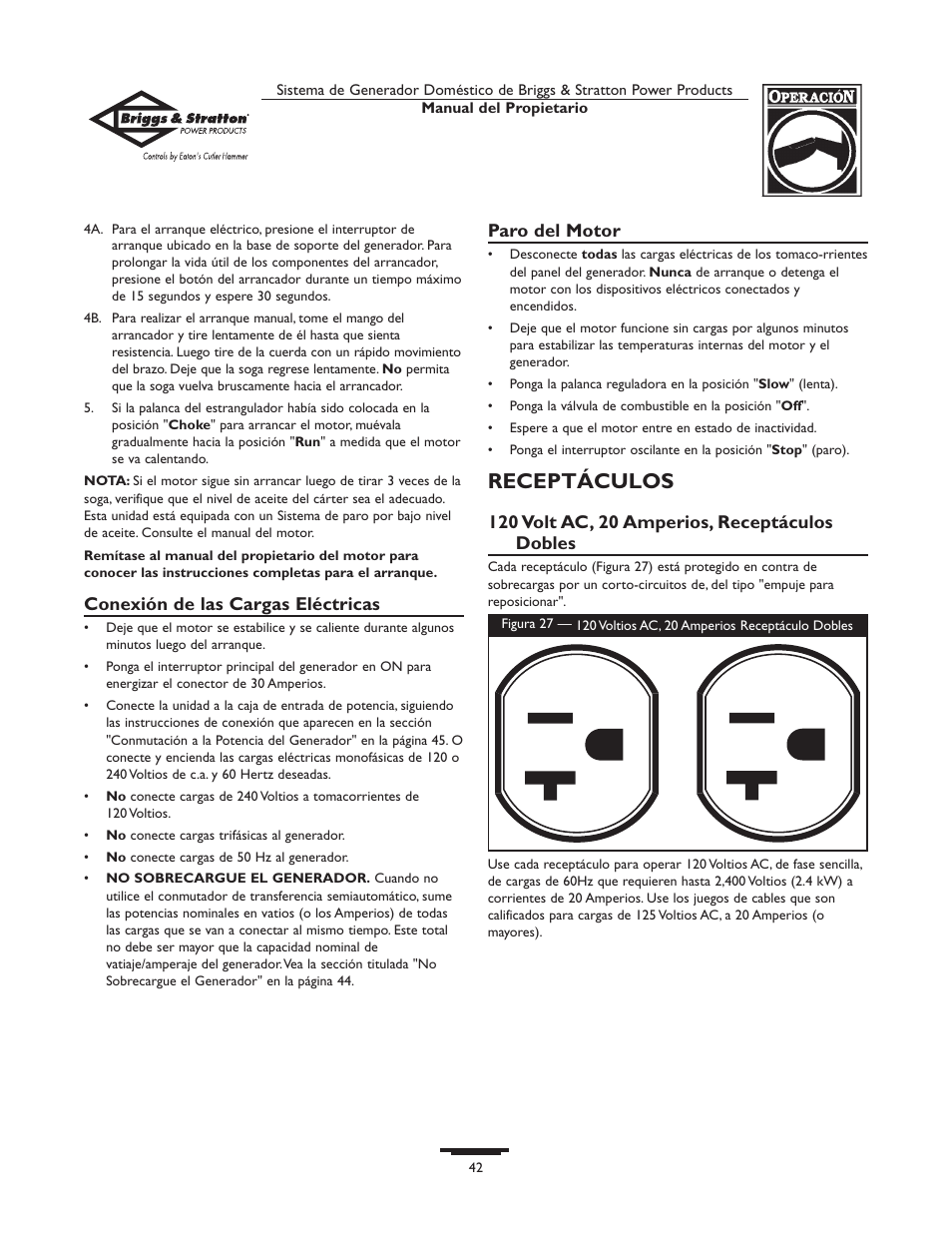 Receptáculos | Briggs & Stratton Home Generator System User Manual | Page 42 / 68