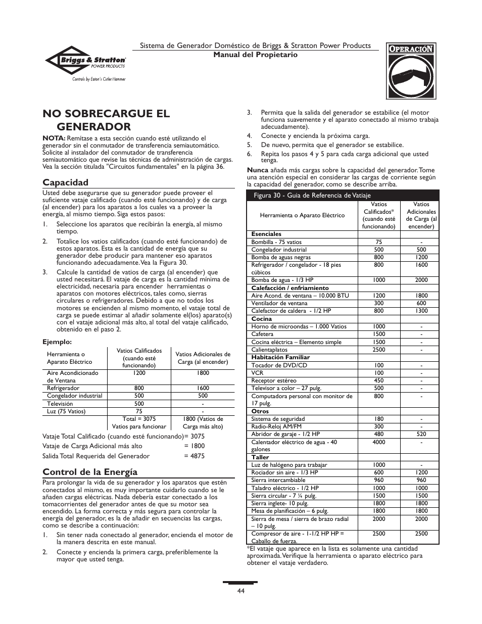 No sobrecargue el generador, Capacidad, Control de la energía | Briggs & Stratton Home Generator System User Manual | Page 44 / 68