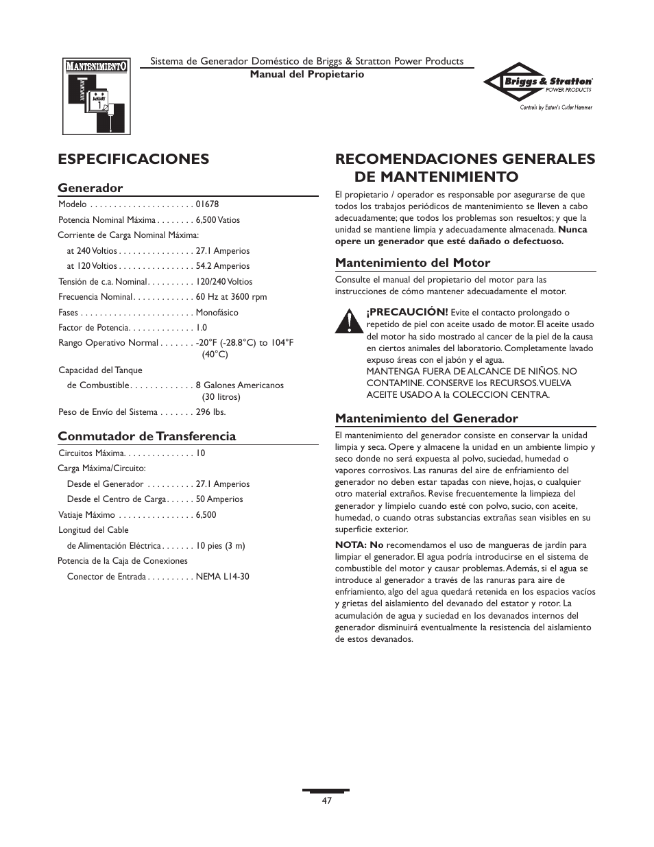 Especificaciones, Recomendaciones generales de mantenimiento | Briggs & Stratton Home Generator System User Manual | Page 47 / 68