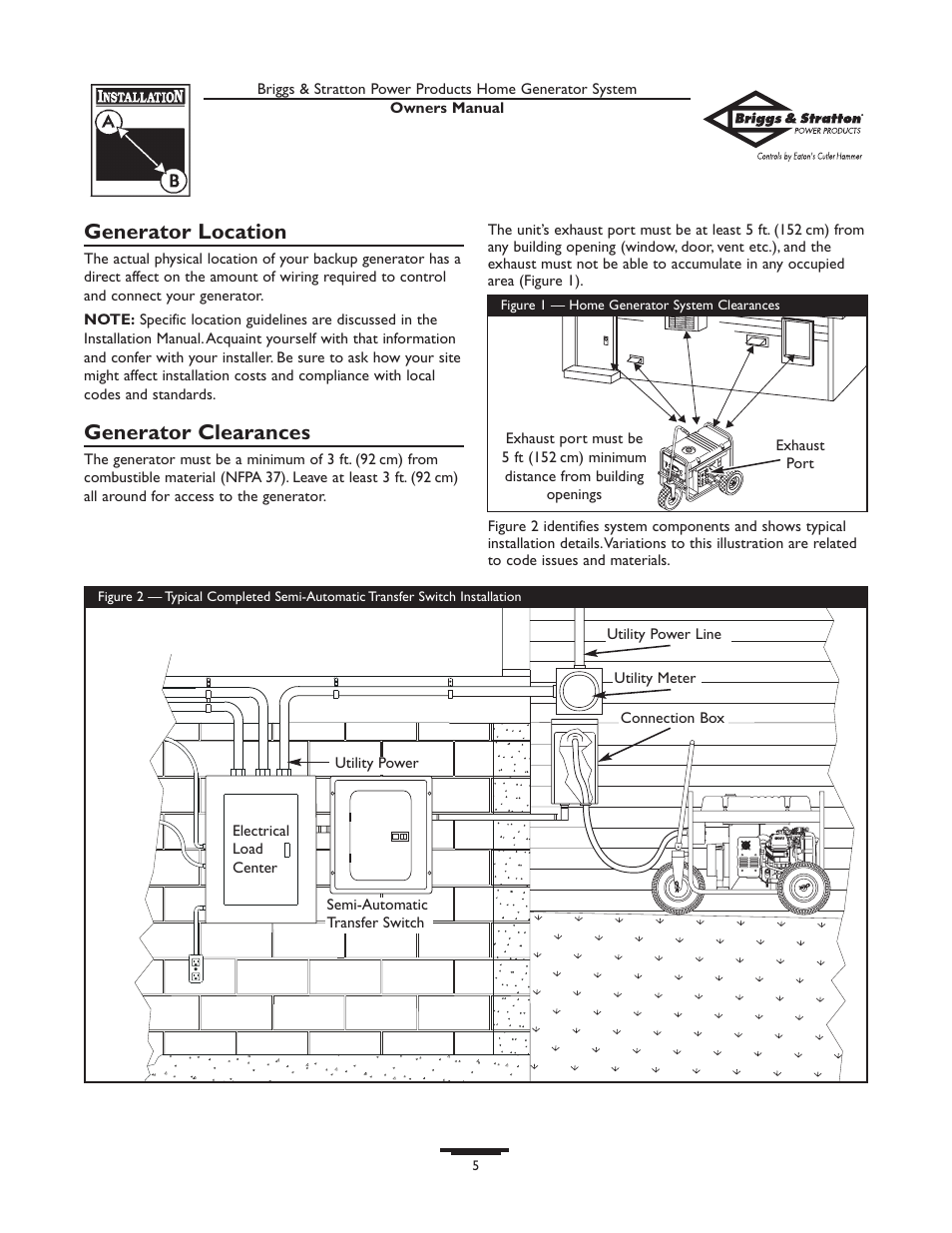 Generator location, Generator clearances | Briggs & Stratton Home Generator System User Manual | Page 5 / 68