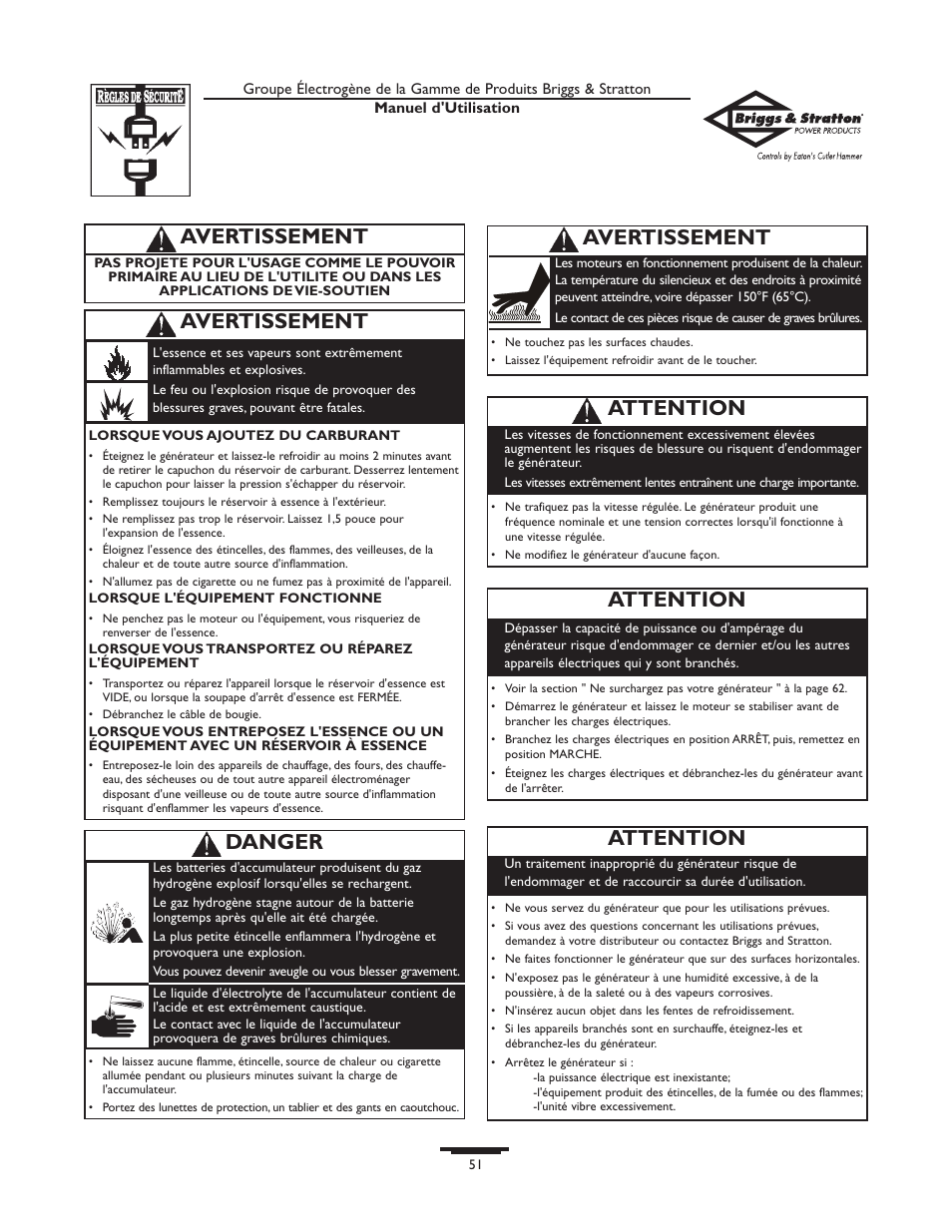 Avertissement, Danger, Attention | Briggs & Stratton Home Generator System User Manual | Page 51 / 68