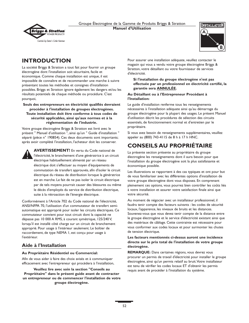 Introduction, Conseils au propriétaire | Briggs & Stratton Home Generator System User Manual | Page 52 / 68