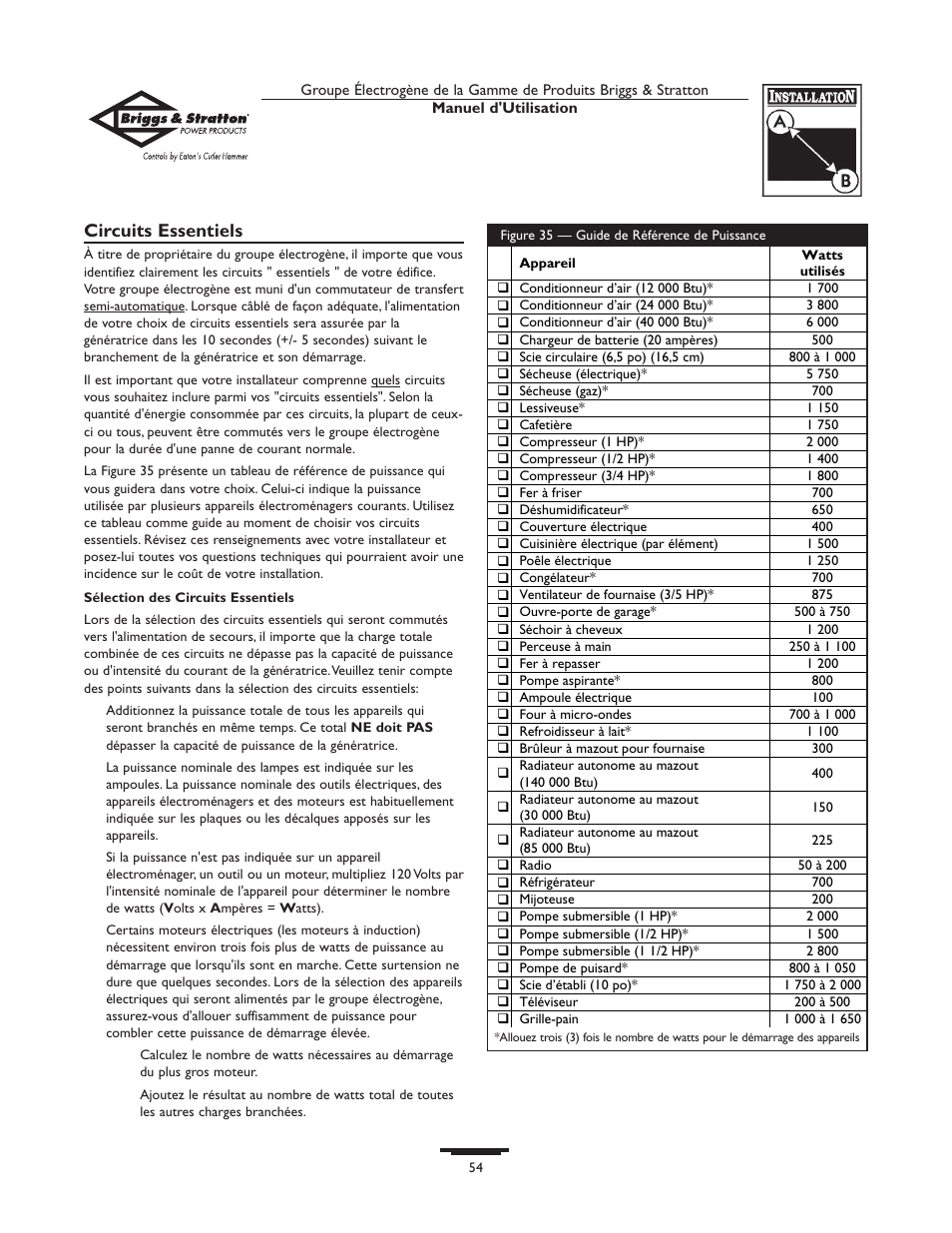 Circuits essentiels | Briggs & Stratton Home Generator System User Manual | Page 54 / 68