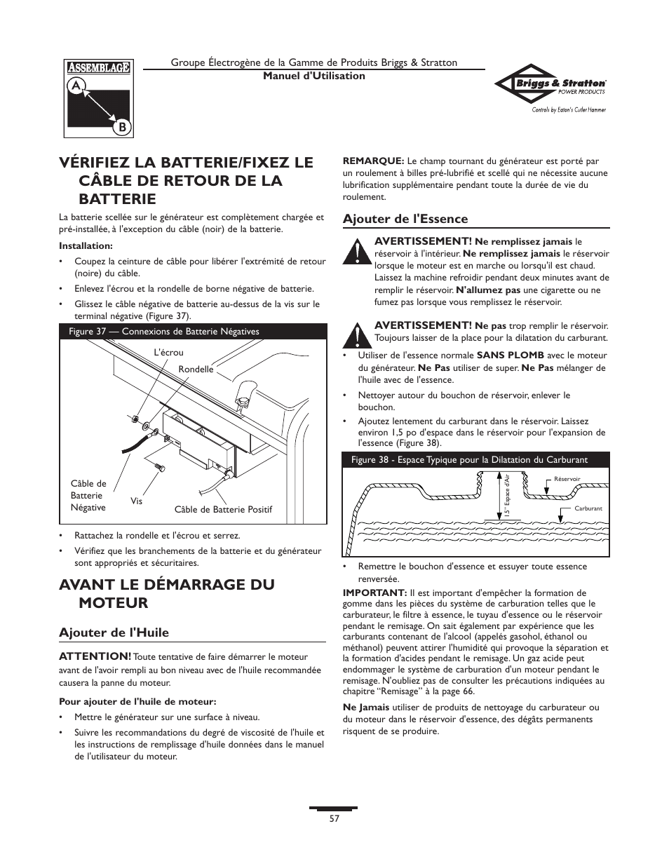 Avant le démarrage du moteur, Ajouter de l'huile, Ajouter de l'essence | Briggs & Stratton Home Generator System User Manual | Page 57 / 68