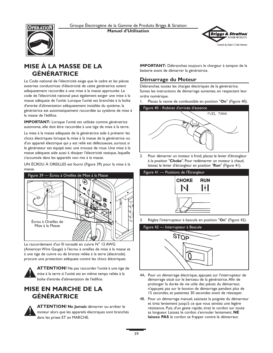 Mise à la masse de la génératrice, Mise en marche de la génératrice | Briggs & Stratton Home Generator System User Manual | Page 59 / 68