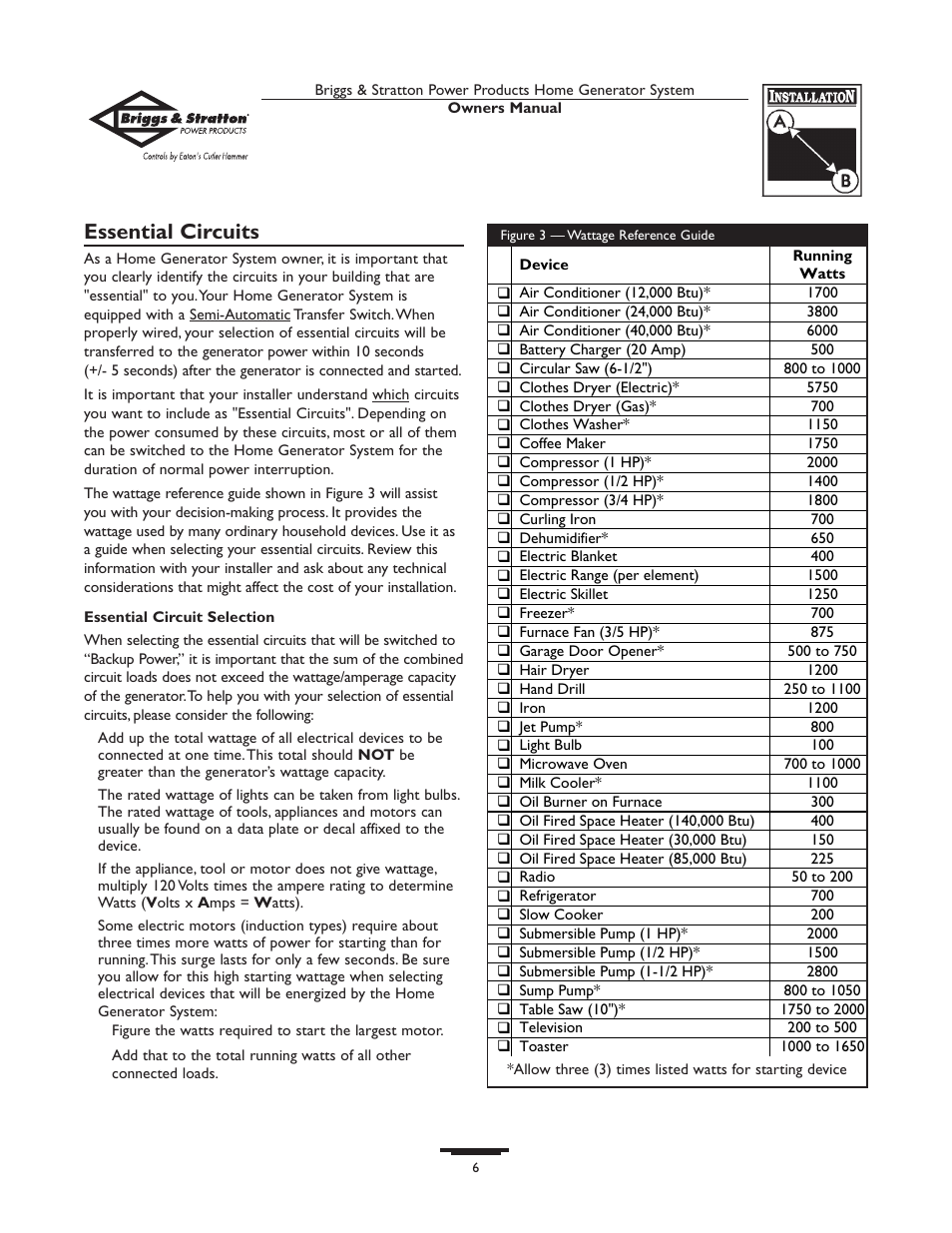 Essential circuits | Briggs & Stratton Home Generator System User Manual | Page 6 / 68
