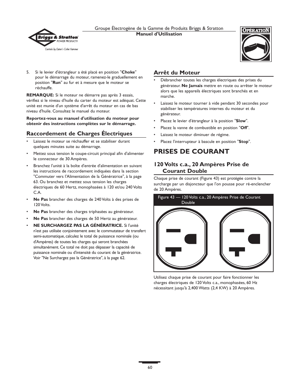 Prises de courant | Briggs & Stratton Home Generator System User Manual | Page 60 / 68