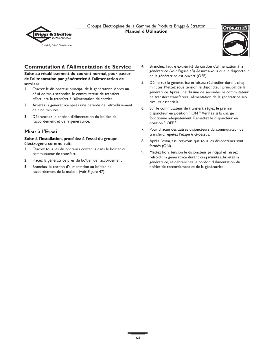 Commutation à l'alimentation de service, Mise à l'essai | Briggs & Stratton Home Generator System User Manual | Page 64 / 68