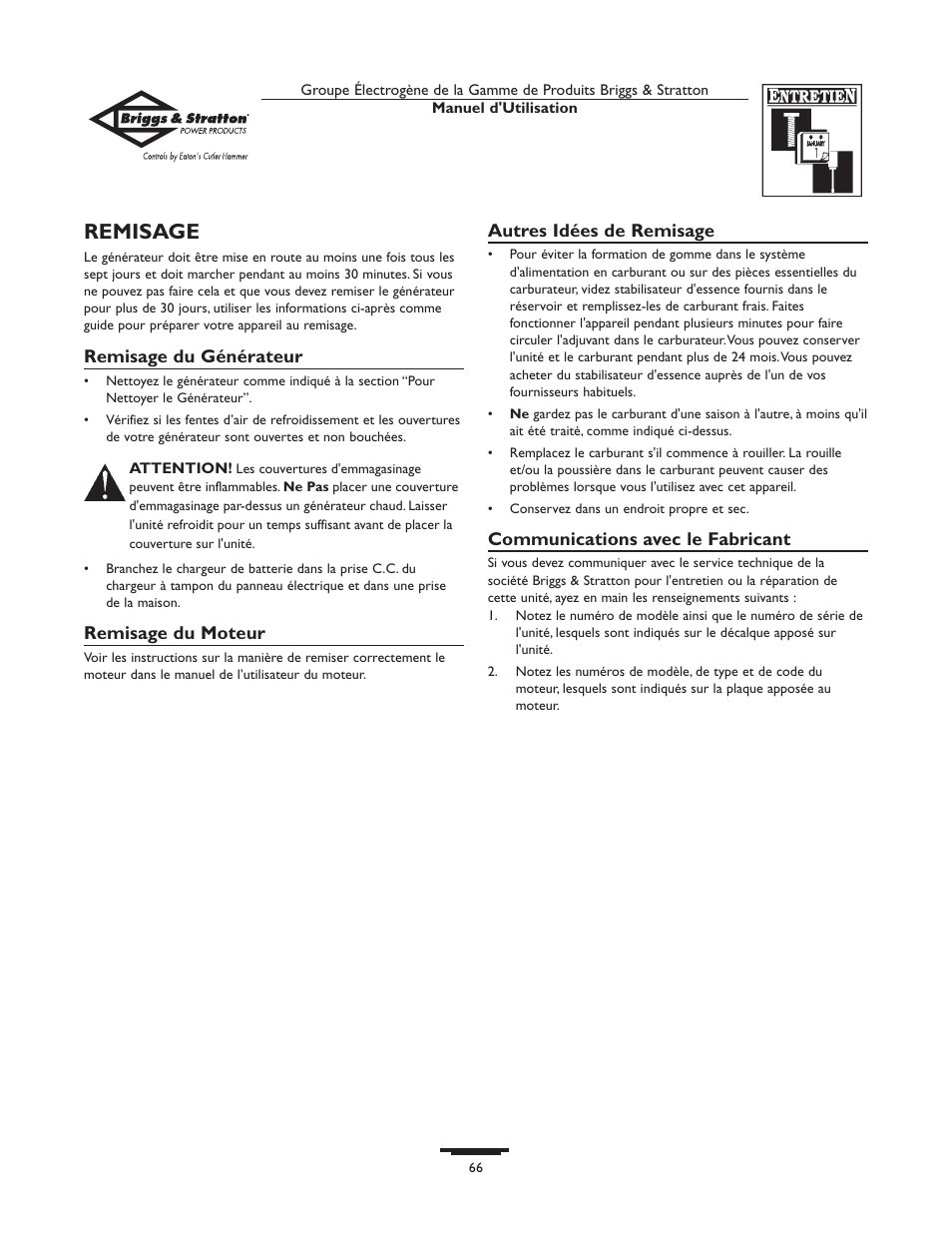 Remisage | Briggs & Stratton Home Generator System User Manual | Page 66 / 68