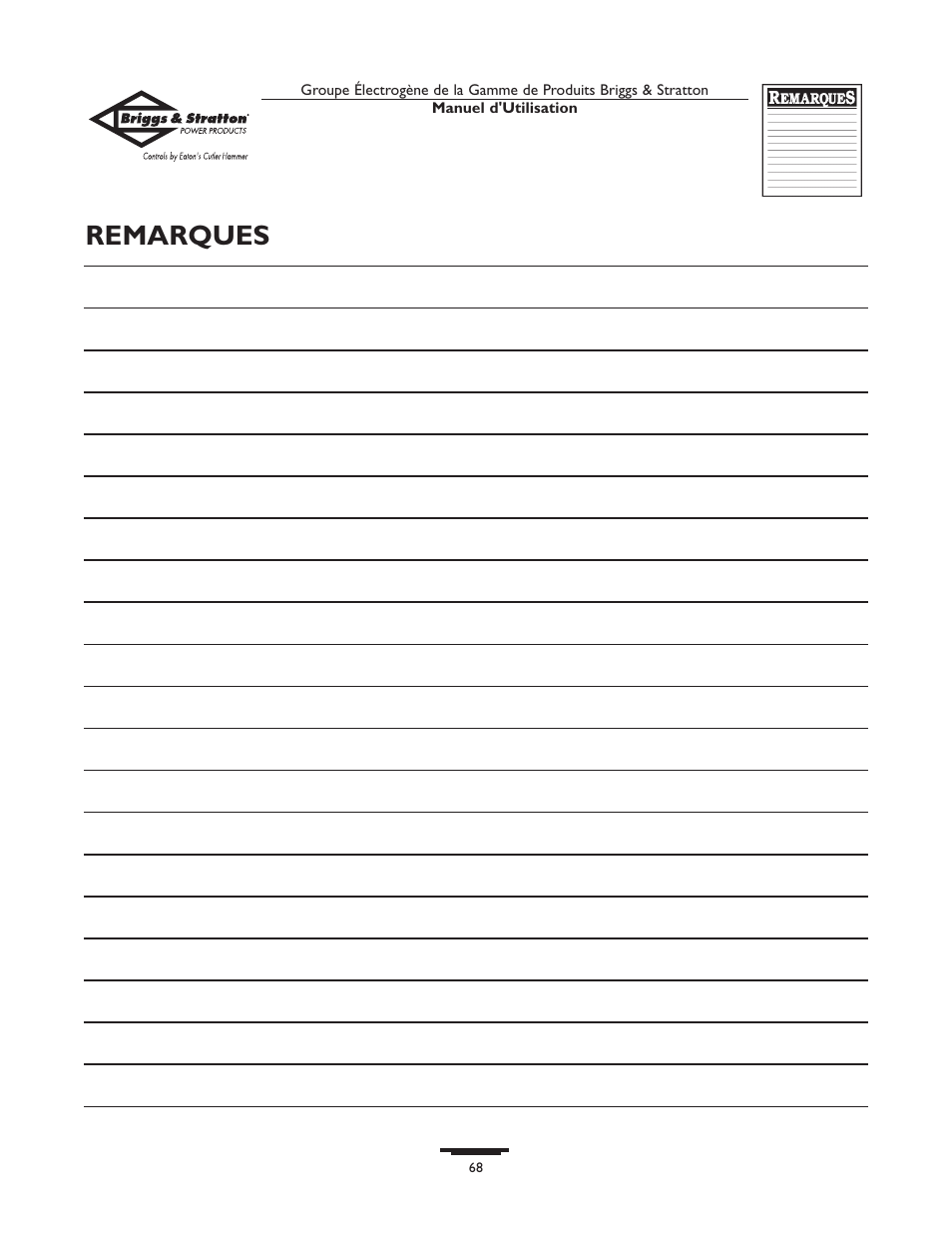 Remarques | Briggs & Stratton Home Generator System User Manual | Page 68 / 68