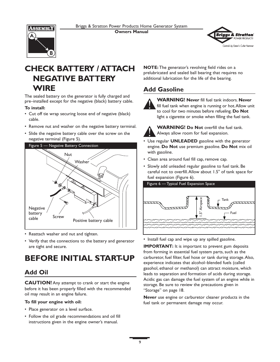 Check battery / attach negative battery wire, Before initial start-up, Add oil | Add gasoline | Briggs & Stratton Home Generator System User Manual | Page 9 / 68