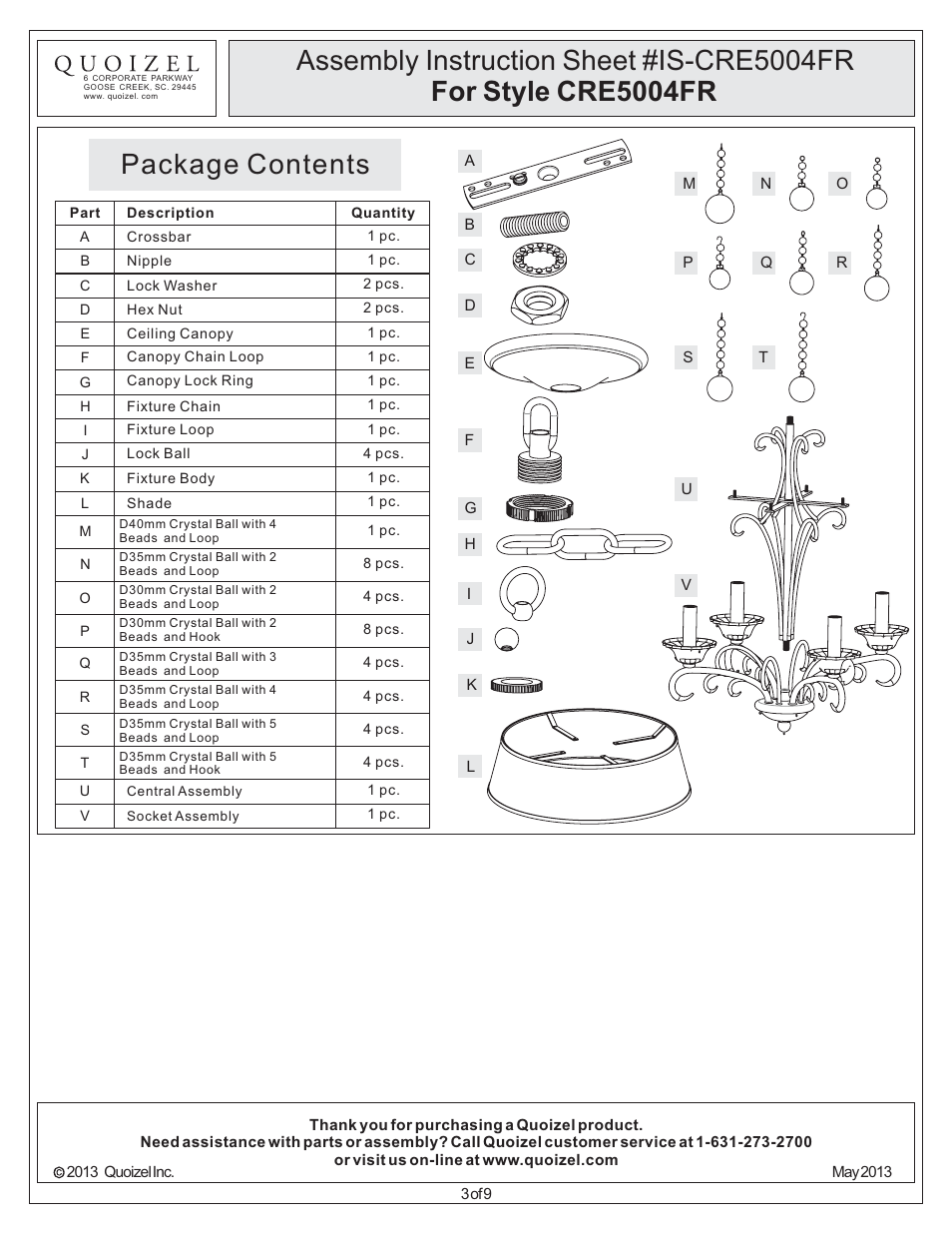 Package contents | Quoizel CRE5004FR Carrabelle User Manual | Page 3 / 9