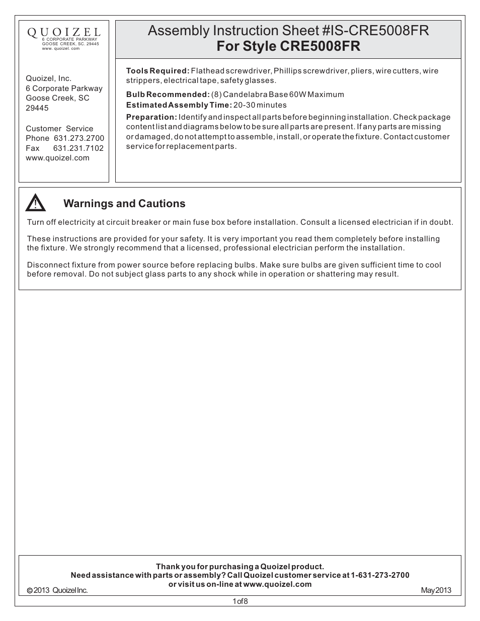 Quoizel CRE5008FR Carrabelle User Manual | 8 pages