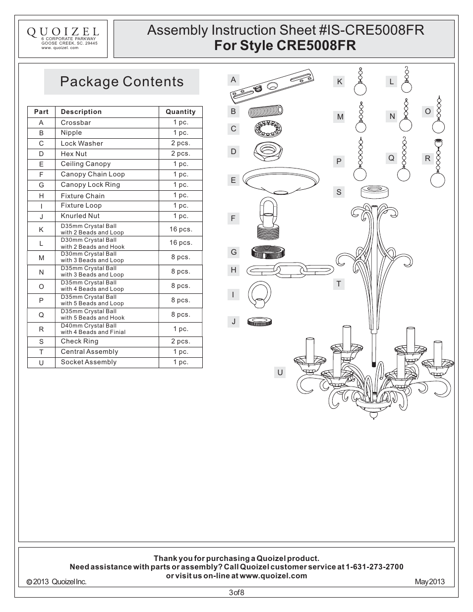 Package contents | Quoizel CRE5008FR Carrabelle User Manual | Page 3 / 8