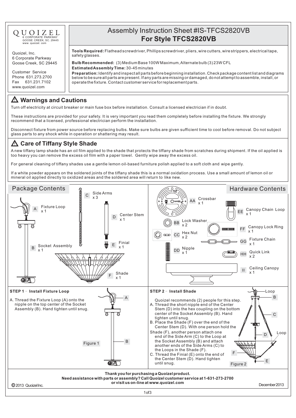 Quoizel TFCS2820VB Chastain User Manual | 3 pages