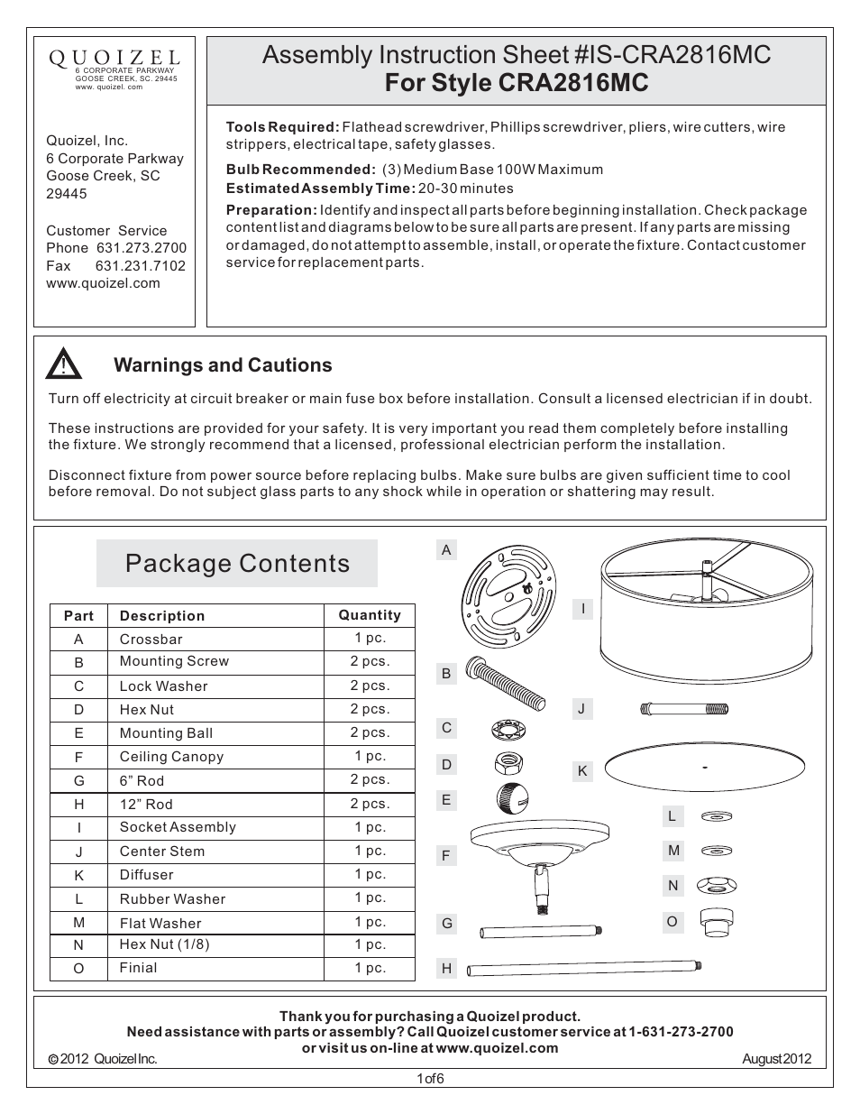 Quoizel CRA2816MC Cloverdale User Manual | 6 pages