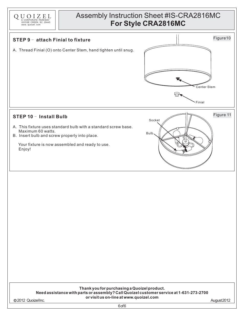 Quoizel CRA2816MC Cloverdale User Manual | Page 6 / 6